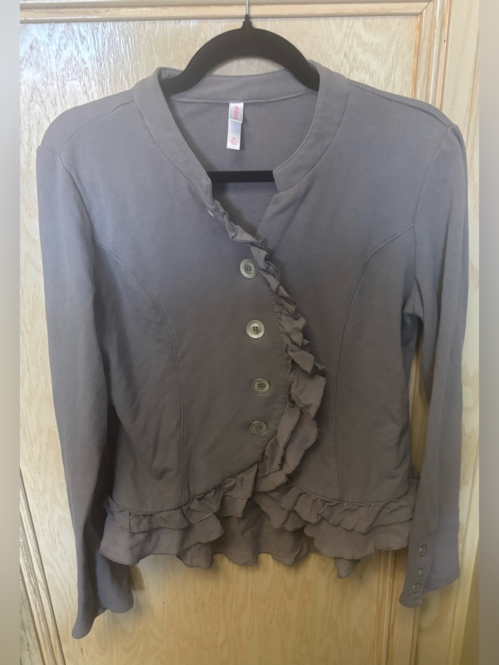 Xhilaration Women's Cardigan Button Up Gray Sz XL Ruffles Military Style Preppy